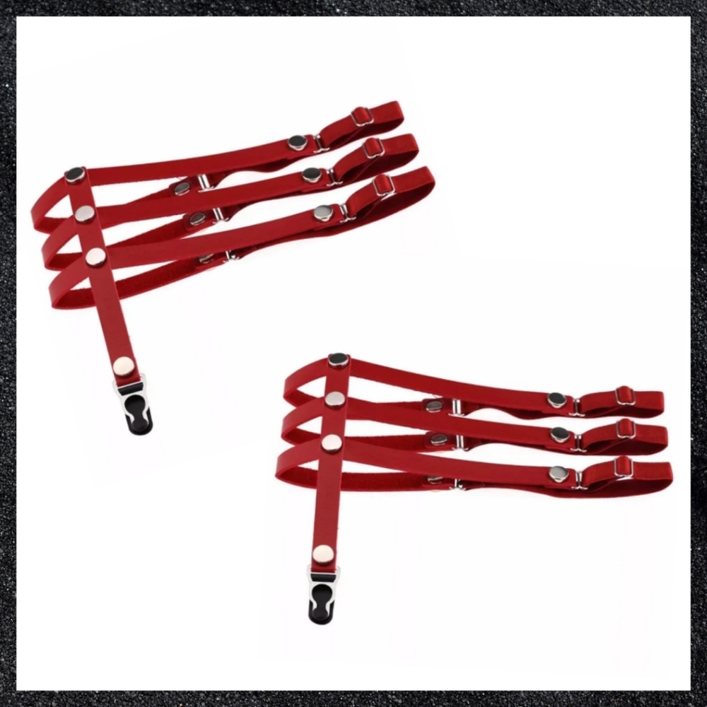 Red Triple Strap Studded Leather Leg Thigh Garter Harness Pair Set